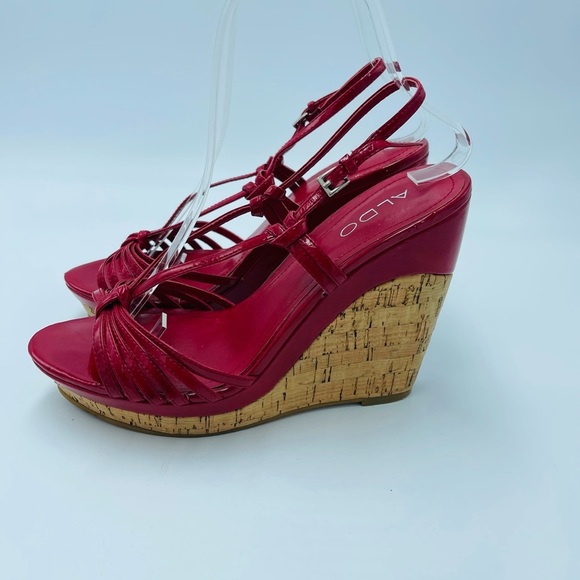 Aldo Red Patent Leather Mullti Strap Cork Sandal heel Wedges - Picture 3 of 10